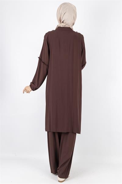 Püskül Detaylı Yıkanmış Viskon Kumaş Takım Kahve OTW454