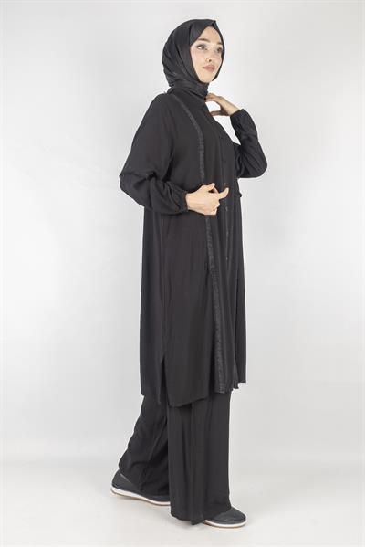 Püskül Detaylı Yıkanmış Viskon Kumaş Takım Siyah OTW454