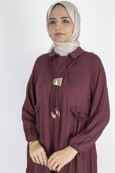 Püskül ve Cep Detaylı Qupra Kumaş Rahat Elbise Kırmızı OTW6023