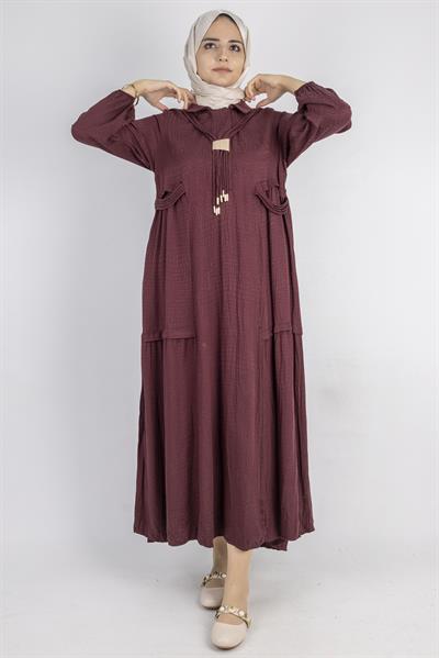 Püskül ve Cep Detaylı Qupra Kumaş Rahat Elbise Kırmızı OTW6023