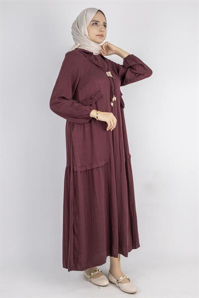 Püskül ve Cep Detaylı Qupra Kumaş Rahat Elbise Kırmızı OTW6023