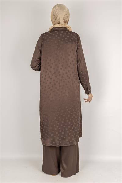 Qupra Kumaş Puantiye Desenli Tesettür Takım Kahve OTW45830