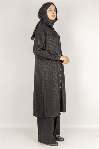 Qupra Kumaş Puantiye Desenli Tesettür Takım Siyah OTW45830