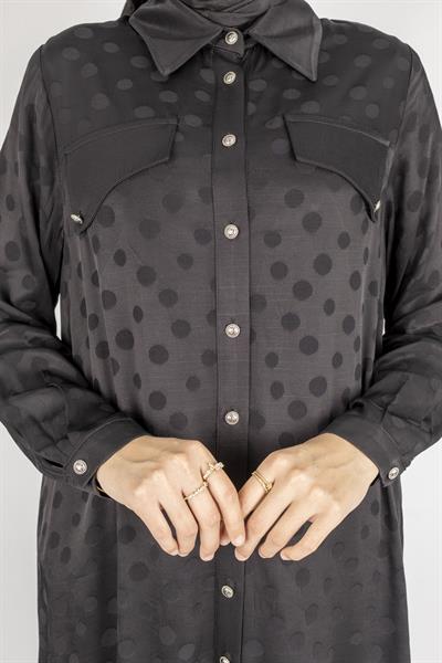 Qupra Kumaş Puantiye Desenli Tesettür Takım Siyah OTW45830