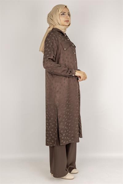 Qupra Kumaş Puantiye Desenli Tesettür Takım Kahve OTW45830
