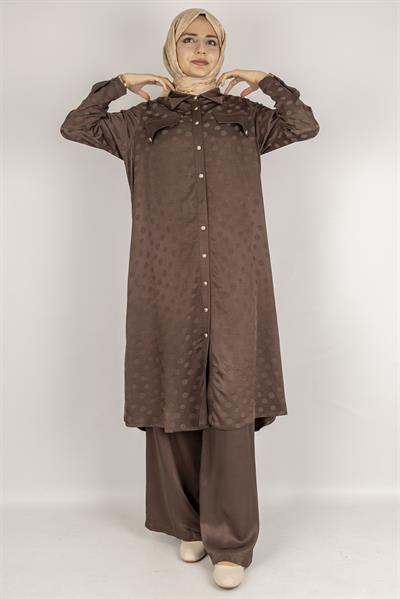 Qupra Kumaş Puantiye Desenli Tesettür Takım Kahve OTW45830