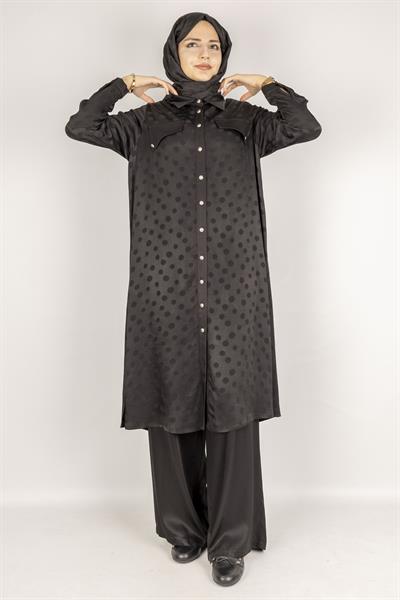 Qupra Kumaş Puantiye Desenli Tesettür Takım Siyah OTW45830