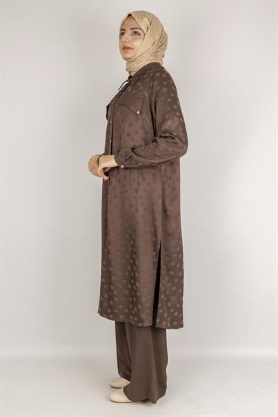 Qupra Kumaş Puantiye Desenli Tesettür Takım Kahve OTW45830