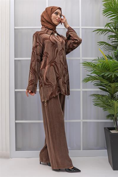 QUPRA PANTOLON TUNİK TAKIM BÜYÜK BEDEN Kahve OTW36271