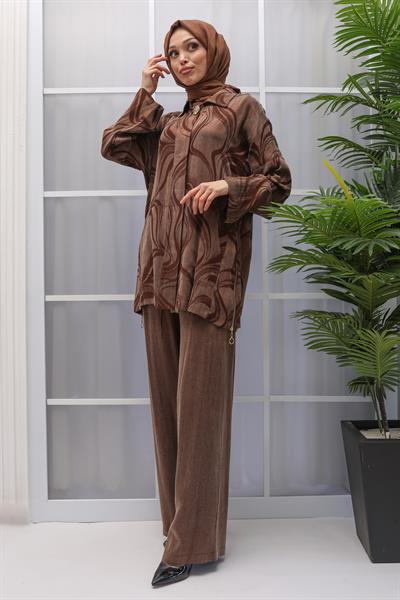 QUPRA PANTOLON TUNİK TAKIM BÜYÜK BEDEN Kahve OTW36271