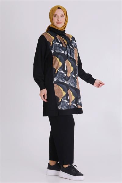 Renkli Desen Detaylı Kapüşonlu Takım Siyah OTW350
