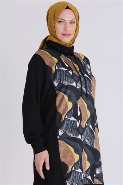 Renkli Desen Detaylı Kapüşonlu Takım Siyah OTW350