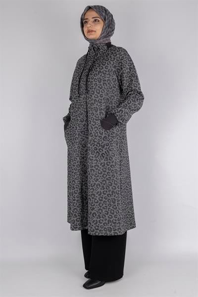 Ribanalı Dik Yaka İpli Leopar Desen Kap Antrasit OTW564