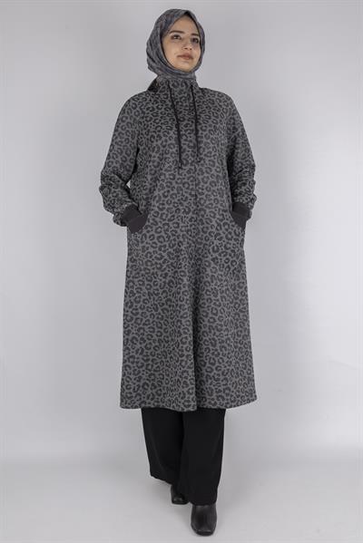 Ribanalı Dik Yaka İpli Leopar Desen Kap Antrasit OTW564