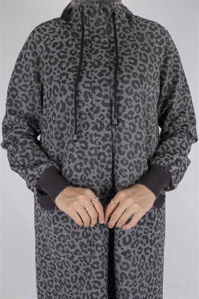 Ribanalı Dik Yaka İpli Leopar Desen Kap Antrasit OTW564