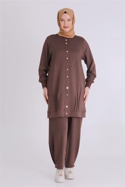 Ribanalı Kol Detaylı Pantolonlu Tesettür Takım Kahve OTW3548