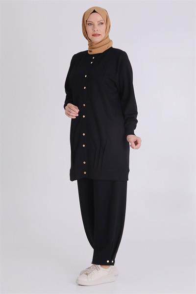 Ribanalı Kol Detaylı Pantolonlu Tesettür Takım Siyah OTW3548