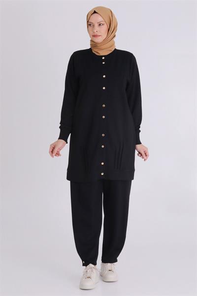 Ribanalı Kol Detaylı Pantolonlu Tesettür Takım Siyah OTW3548