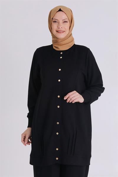Ribanalı Kol Detaylı Pantolonlu Tesettür Takım Siyah OTW3548