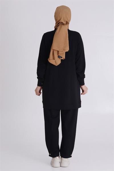 Ribanalı Kol Detaylı Pantolonlu Tesettür Takım Siyah OTW3548