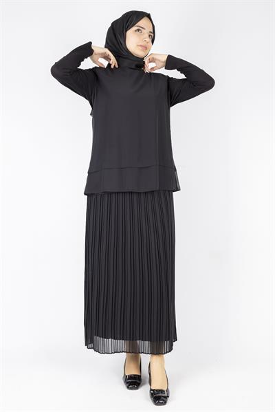 Sade Şifon Katlı Siyah Tunik Siyah OTW575