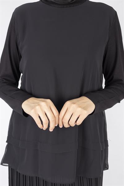 Sade Şifon Katlı Siyah Tunik Siyah OTW575