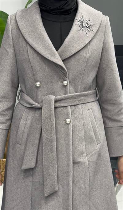 Şal Yaka Kuşaklı Kaşe Kaban Krem OTW3770