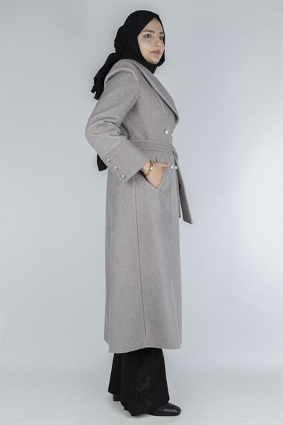 Şal Yaka Kuşaklı Kaşe Kaban Krem OTW3770