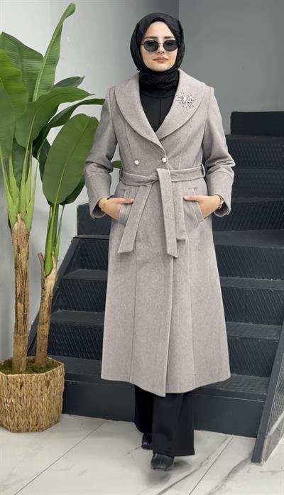 Şal Yaka Kuşaklı Kaşe Kaban Krem OTW3770