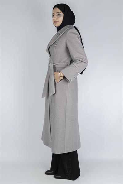 Şal Yaka Kuşaklı Kaşe Kaban Krem OTW3770