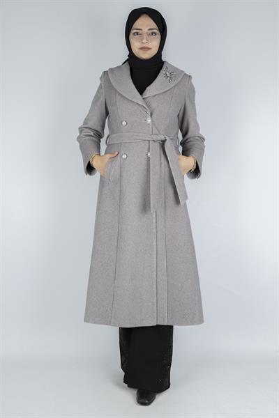 Şal Yaka Kuşaklı Kaşe Kaban Krem OTW3770