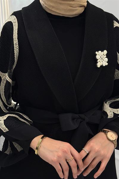 Şal Yaka Kuşaklı Yelekli Tesettür Üçlü Takım Siyah OTW46808