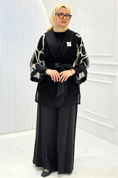 Şal Yaka Kuşaklı Yelekli Tesettür Üçlü Takım Siyah OTW46808