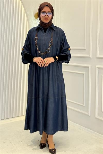 Salaş Büyük Beden Tesettür Elbise Mavi OTW3457