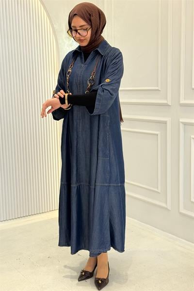 Salaş Büyük Beden Tesettür Elbise Mavi OTW3457