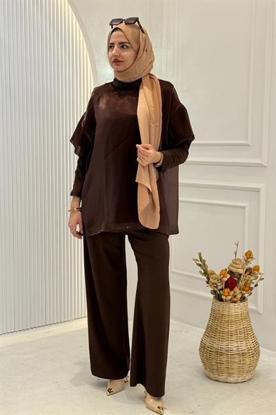 Saten Görünümlü Pantolonlu Takım Kahve OTW8614