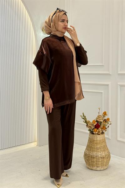 Saten Görünümlü Pantolonlu Takım Kahve OTW8614