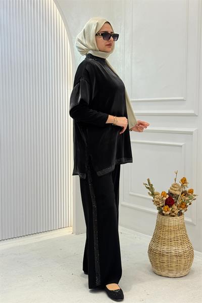 Saten Görünümlü Pantolonlu Takım Siyah OTW8614