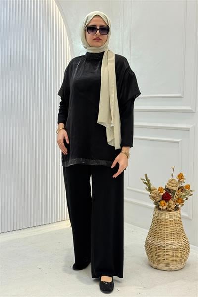 Saten Görünümlü Pantolonlu Takım Siyah OTW8614