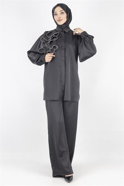 Saten Pantolonlu Takım Siyah OTW8432