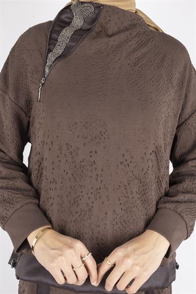 Saten Şerit Detaylı Etekli Tesettür Takım Kahve OTW5939