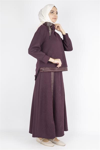 Saten Şerit Detaylı Etekli Tesettür Takım Bordo OTW5939