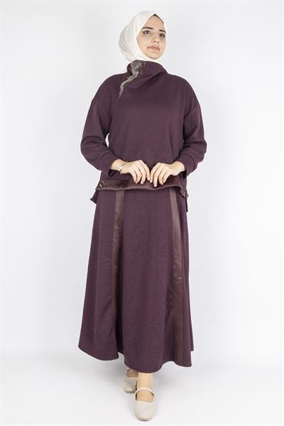 Saten Şerit Detaylı Etekli Tesettür Takım Bordo OTW5939