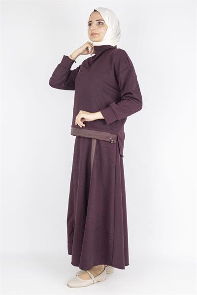 Saten Şerit Detaylı Etekli Tesettür Takım Bordo OTW5939