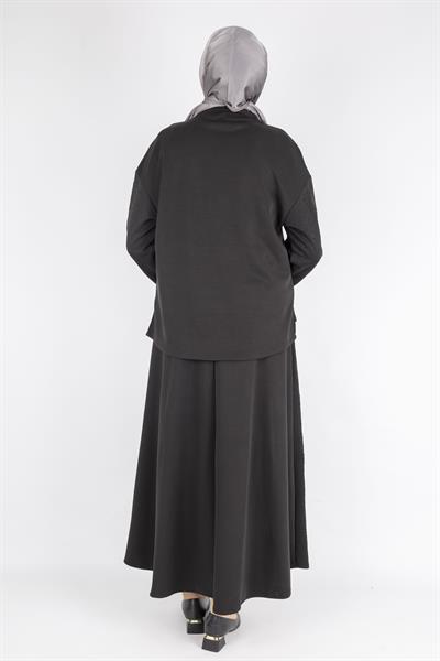 Saten Şerit Detaylı Etekli Tesettür Takım Siyah OTW5939