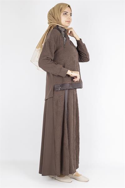 Saten Şerit Detaylı Etekli Tesettür Takım Kahve OTW5939
