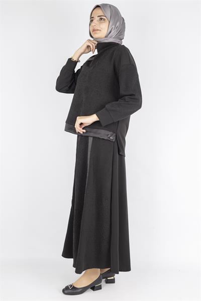 Saten Şerit Detaylı Etekli Tesettür Takım Siyah OTW5939