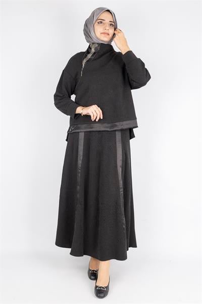 Saten Şerit Detaylı Etekli Tesettür Takım Siyah OTW5939