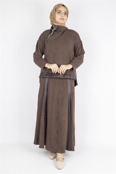 Saten Şerit Detaylı Etekli Tesettür Takım Kahve OTW5939