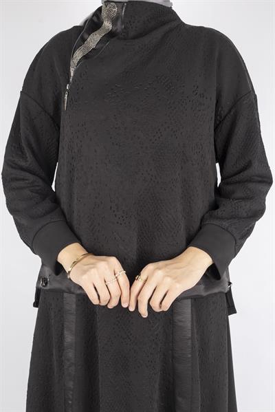 Saten Şerit Detaylı Etekli Tesettür Takım Siyah OTW5939